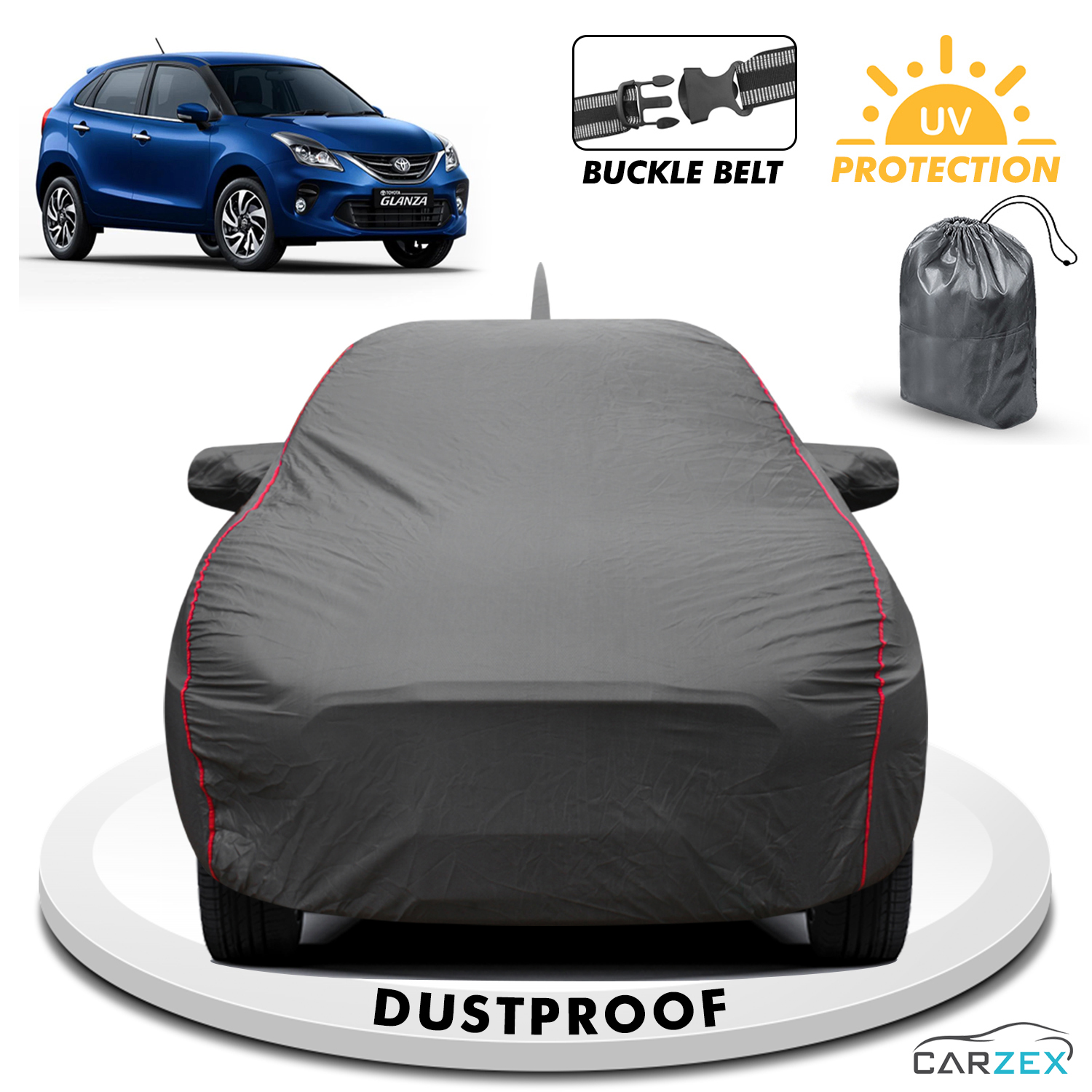 Carzex 2x2 Heavy Duty Red Border Car Body Cover For Toyota Glanza Old